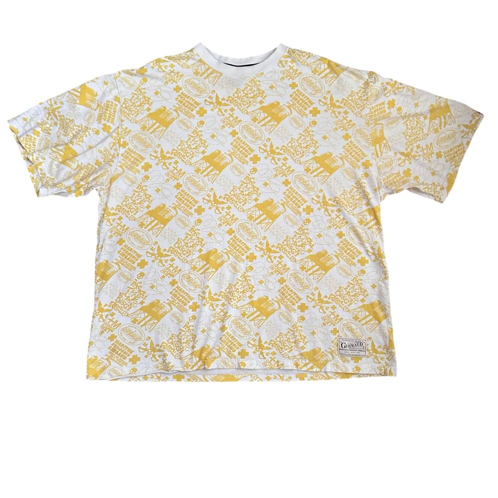 Marithe Francois Girbaud T Shirt Mens 2XL Yellow All Over Print Y2K Streetwear